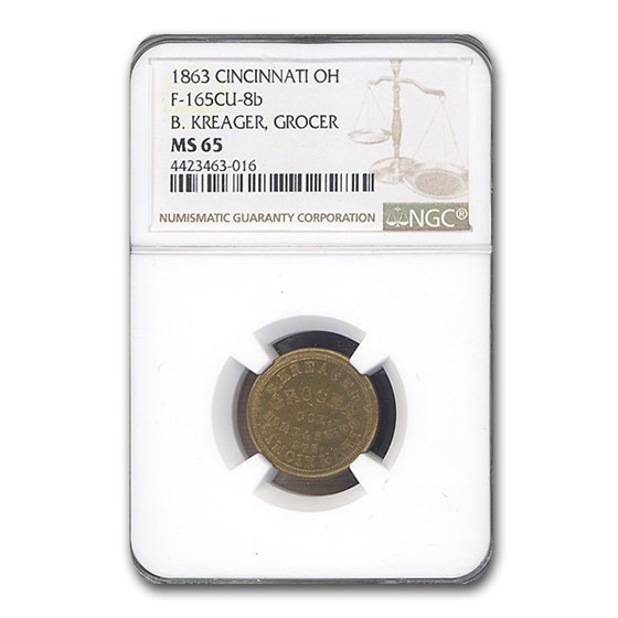 1863 Cincinnati OH B. Kreager Grocer Civil War Token MS-65 NGC 1863 Cincinnati OH B. Kreager Grocer Civil War Token MS-65 NGC